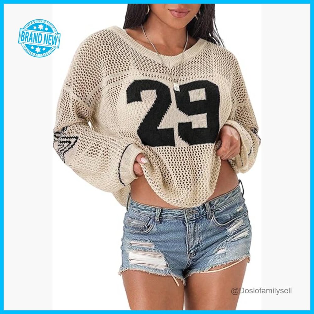 Oversized Crochet Sweater V-Neck Long Sleeve Y2K Graphic Streetwear Pullover